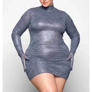 SKIMS NEW Lace Turtleneck Long Sleeve Mini Dress Bodycon Thunder Blue 3X